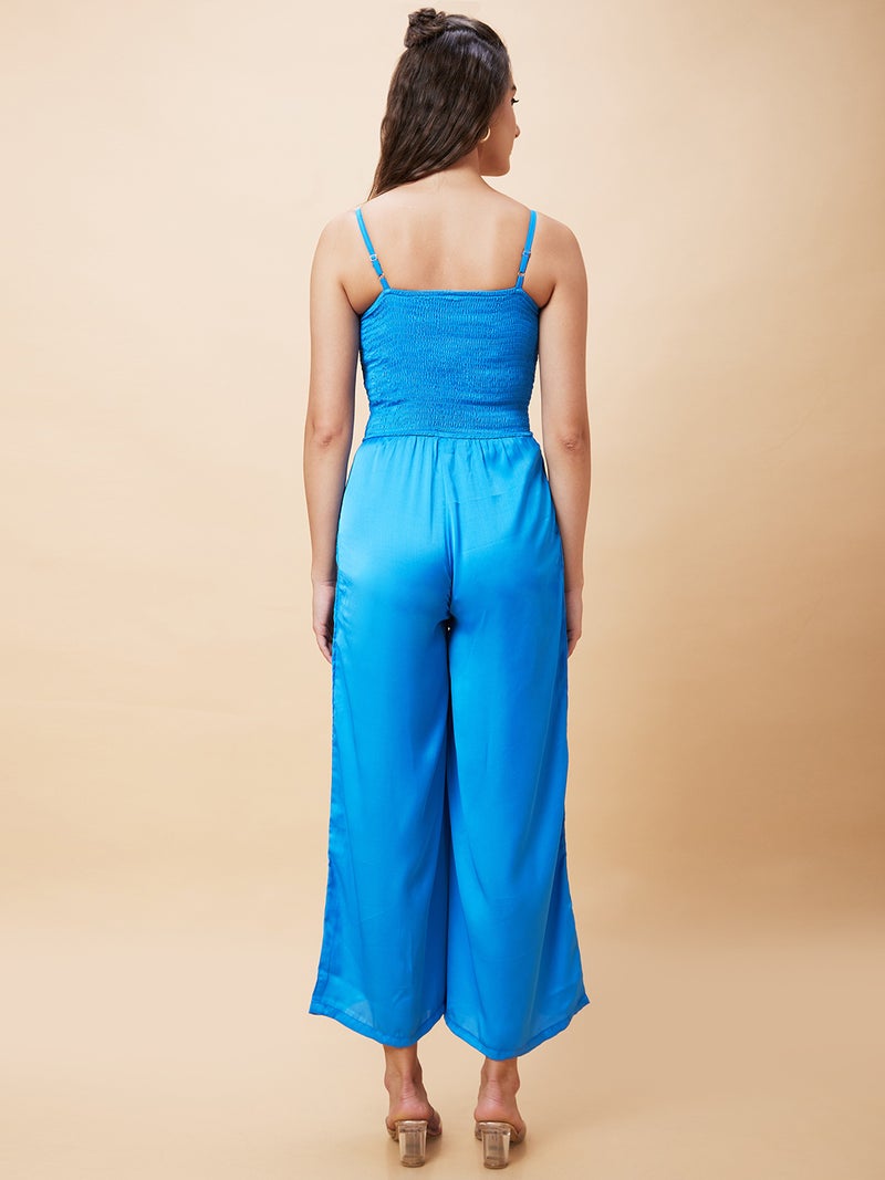globus Globus Women Blue Shoulder Strap Smocked Basic Jumpsuit - Image 4