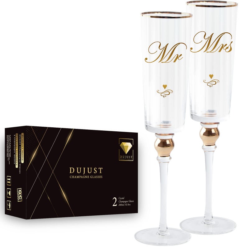 DUJUST Crystal Glass Wedding Champagne Flutes Mr  Mrs Champagne Glasses with Handcrafted Gold Rim  Diamond Design Square Bride and Groom Champagne Flutes Valentines Day Gift Gift Package