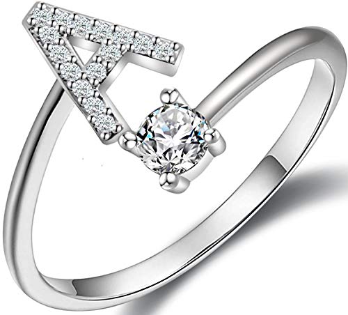 Haoze Silver initial Rings for Girls Women Dainty Gold Plated Adjustable Letter Rings for Teen Girls Stackable Alphabet Rings Birthday Gift for Girls Over 12 Years Old(A Silver) - Image 1