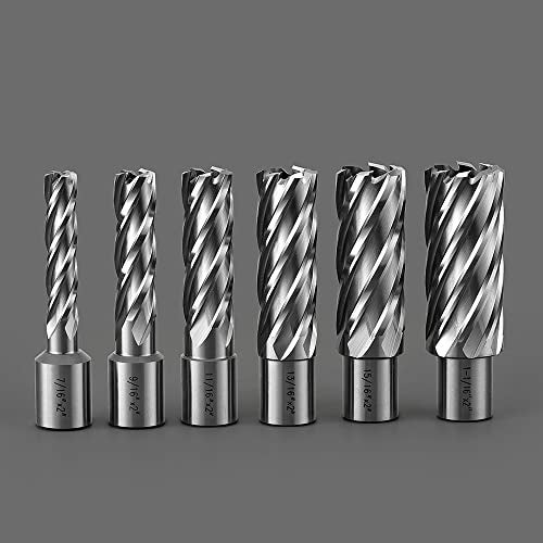 JESTUOUS Annular Cutters Set 6pcs JESTUOUS 3/4 Inch Weldon Shank 2 Cutting Depth 7/16 to 1-1/16 Cutting Diameter HSS Slugger Bits for Magnetic Drill Press with 2 Pilot Pins - Image 4