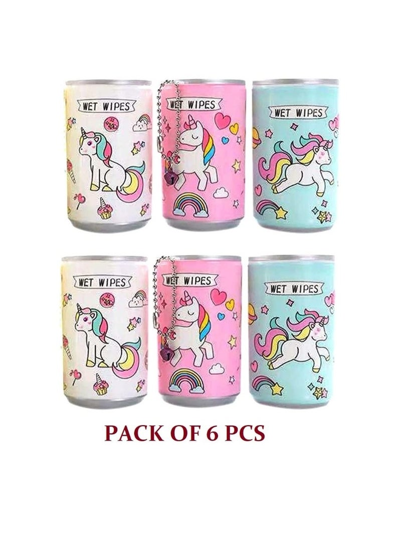 30 منديلًا مبللة صغيرة في علبة معدنية مطبوعة برسوم كرتونية لتنظيف الوجه والجسم للأطفال والبنات والرجال والنساء، على شكل علبة حلوى، مناديل مبللة محمولة (6 علب، متعددة الألوان) - Image 2