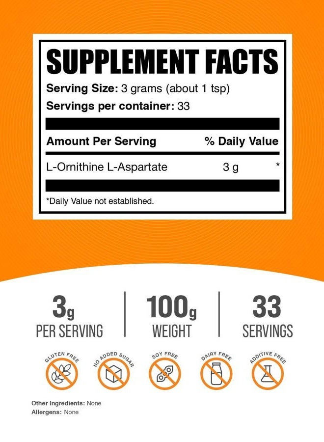 BULKSUPPLEMENTS.COM .com مسحوق L-أورنثين L-أسبارتات - مكمل أورنثين، مسحوق أورنثين - مكمل حمض أميني، خالي من الغلوتين، 3 جرام لكل حصة، 100 جرام (3.5 أونصة) (عبوة من 1) - Image 2