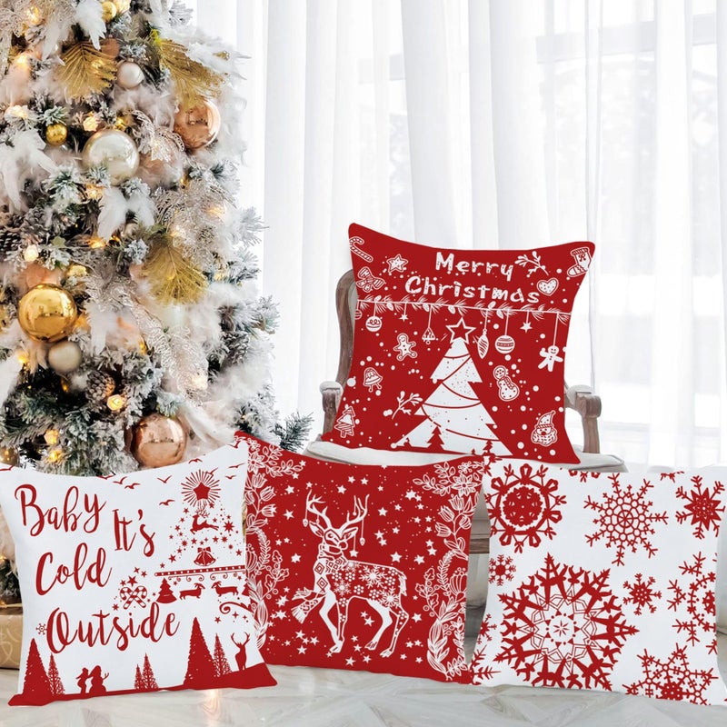 EZVING Merry Christmas Baby It's Cold Outside Happy Winter Snowflakes Bright Deer Velvet Red Decorative Throw Pillow Cover Personalized Cushion Cases for Sofa Couch Farmhouse Square 22x22 Inches - Image 3