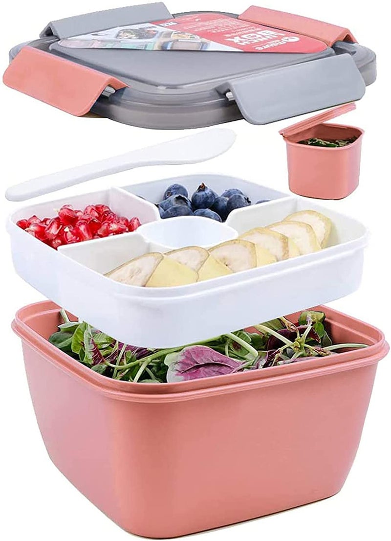 Greentainer 52 OZ to Go Salad Container Lunch Box BPAFree 3Compartment for Salad Toppings and Snacks Bowl with Dressing Container Builtin Reusable Spoon Microwave SafePink
