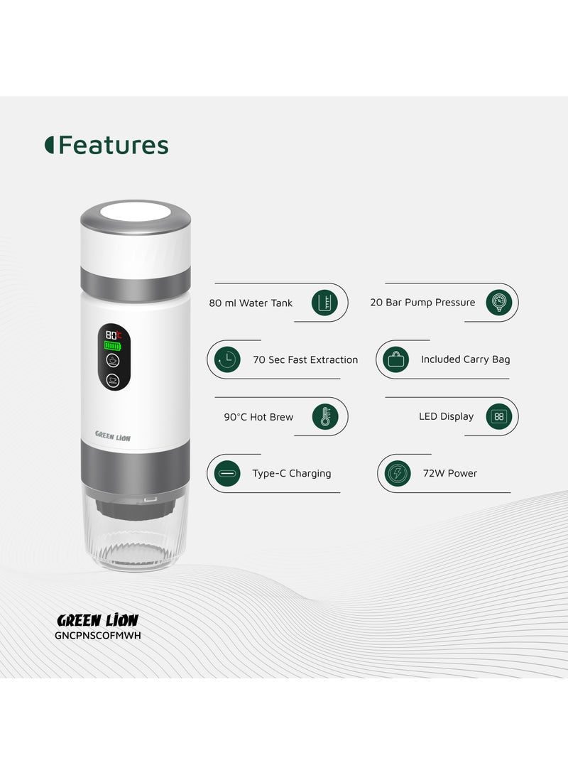 GREEN LION Campinas Portable Coffee Machine 80mL Water tank with LED Display and 90°C Heating Temperature 72W / 150mL Coffee Cup / 20 Bar Pump Pressure / Portable Coffee Maker / Travel Coffee Cup - White - Image 4