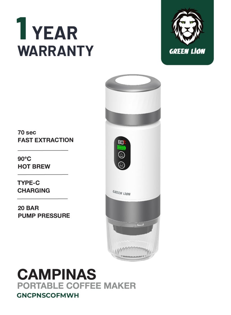 GREEN LION Campinas Portable Coffee Machine 80mL Water tank with LED Display and 90°C Heating Temperature 72W / 150mL Coffee Cup / 20 Bar Pump Pressure / Portable Coffee Maker / Travel Coffee Cup - White - Image 1