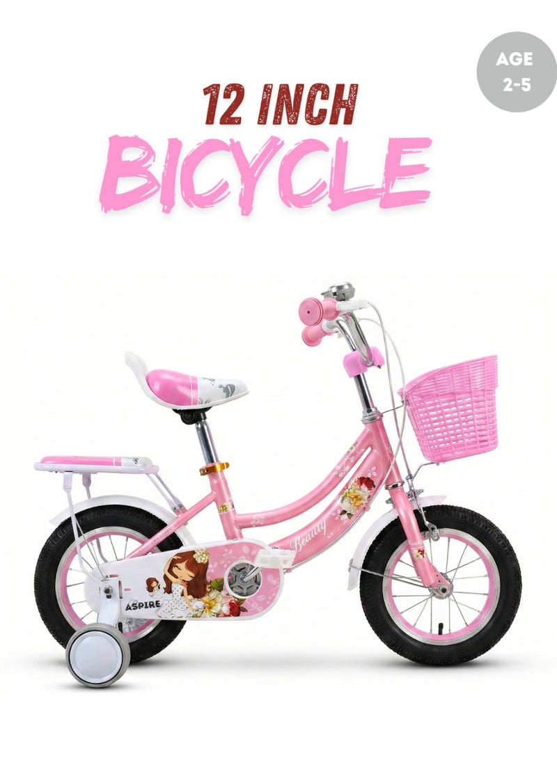 أسباير بوكس Aspire Beauty 12-Inch Kids’ Bicycle for Girls, Ages 2–5 Years – Pink Toddler Bike with Training Wheels, Front Basket, Rear Seat, and Adjustable Saddle –[ GDBT 12'' ATB ] - Image 1