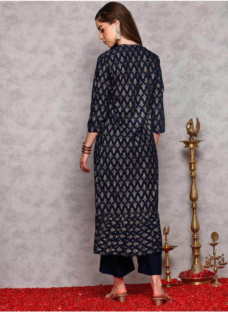 ISHIN Printed Regular Straight Kurta With Palazzos & Ethnic Motif Printed Tie-Up Jacket