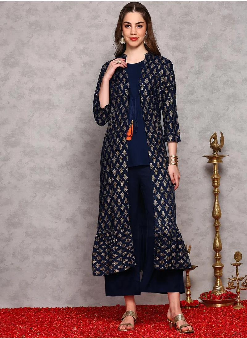 ISHIN Printed Regular Straight Kurta With Palazzos & Ethnic Motif Printed Tie-Up Jacket