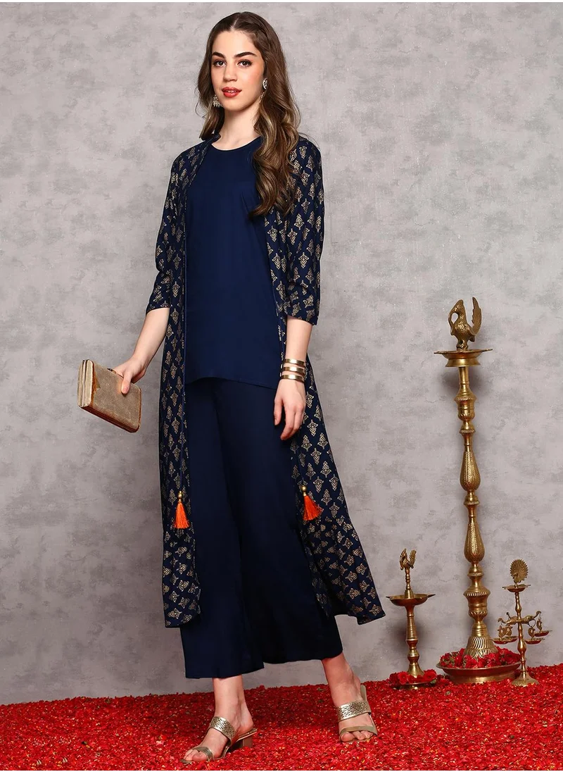 آي شين Straight Fit Printed Pattern Round Neck Three-Quarter Sleeves Navy Blue Colour Woven Cotton Kurta Set for Women with Semi Elastic Closure - Unmatched Grace and Comfort