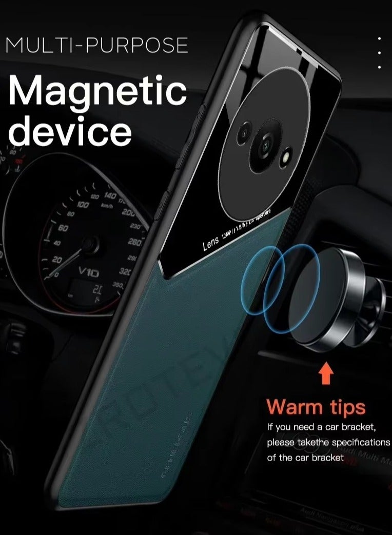 Case Compatible With Xiaomi Redmi A3, Cover Luxury Leather And Glass With Car Magnetic Holder Phone Cover Soft Frame Silicone - Black - Image 2