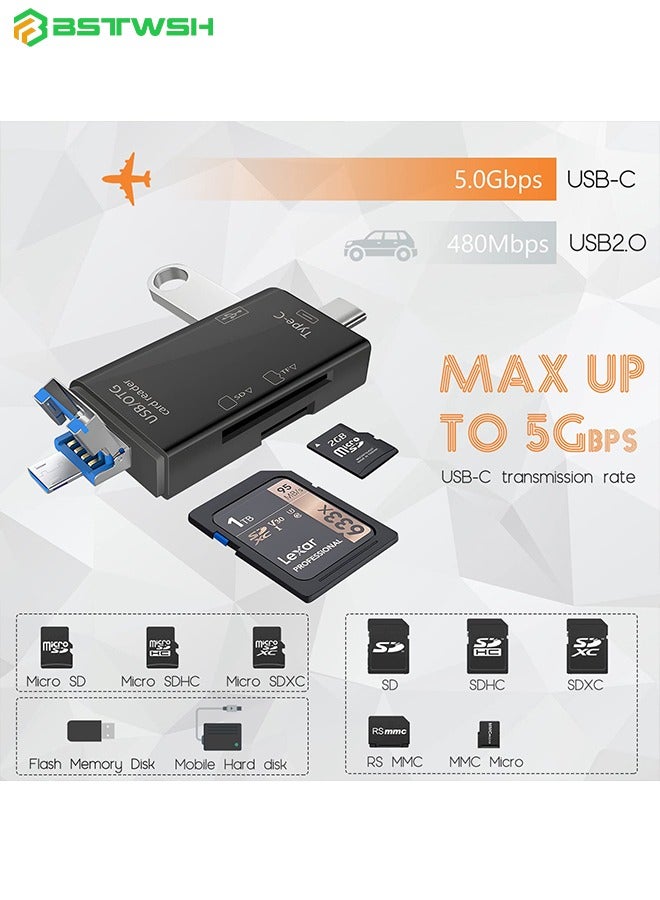 SD Card Reader, 6-in-1 USB C/Micro/USB Memory Reader Camera Viewer