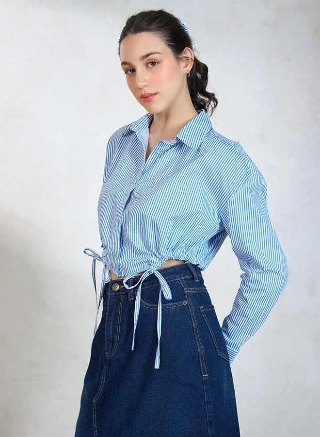 VIRGIO 100% Cotton Relaxed Tie Hem Striped Shirt