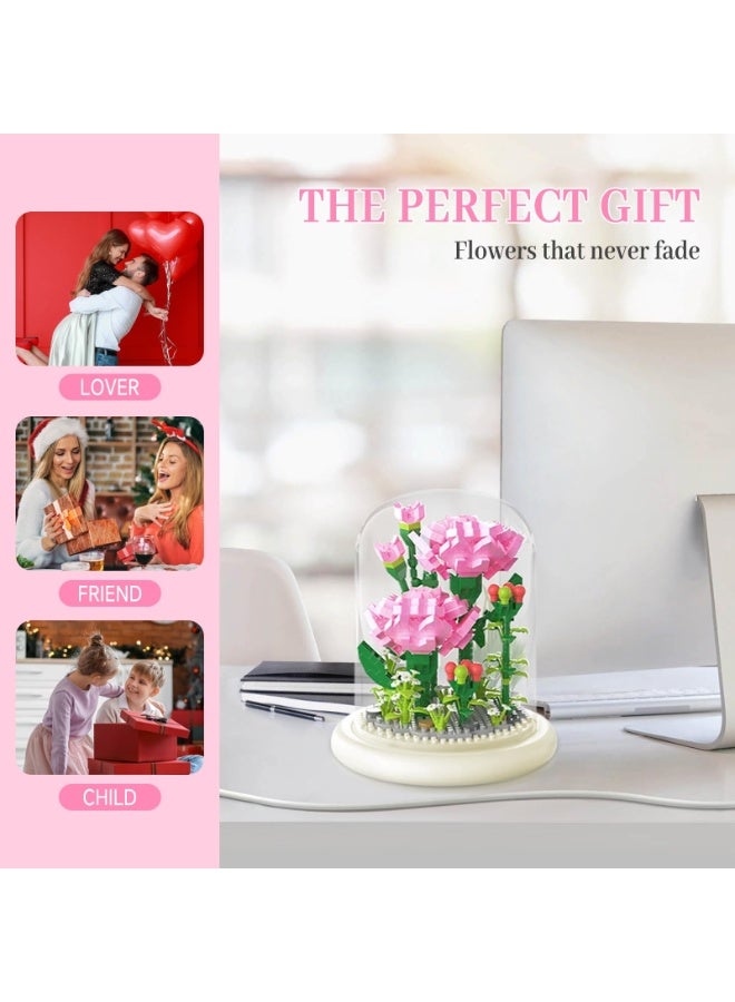 Flower Building Blocks Set, Creative Bonsai Tree and Carnation Immortal Bouquet With Protective Case for Mum Girlfriend, Pink - Image 4