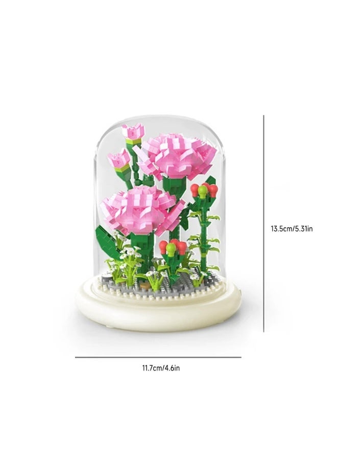 Flower Building Blocks Set, Creative Bonsai Tree and Carnation Immortal Bouquet With Protective Case for Mum Girlfriend, Pink - Image 2