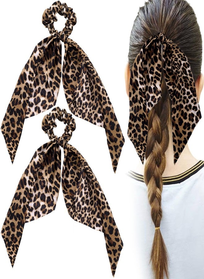 Mxxipp 2pcs Leopard Print Bow Hair Tie, Elastics Non-Slip Bow Scrunchies Band, Soft Silk Long Tail Ponytail Holder Accessories for Curly Straight Thick Fine Hair - Image 1