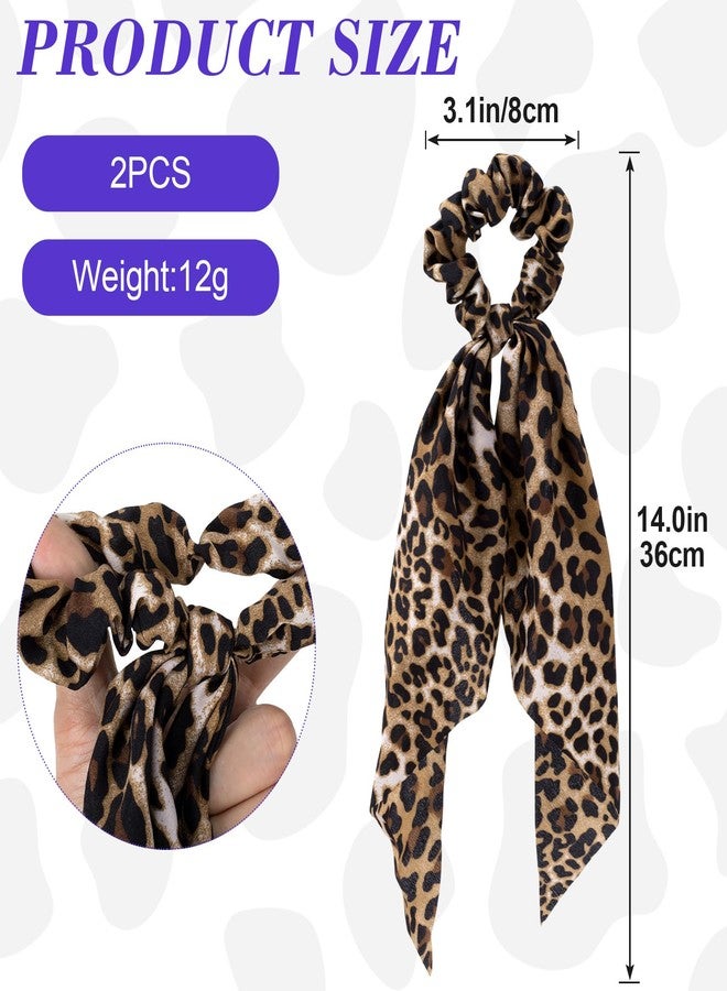Mxxipp 2pcs Leopard Print Bow Hair Tie, Elastics Non-Slip Bow Scrunchies Band, Soft Silk Long Tail Ponytail Holder Accessories for Curly Straight Thick Fine Hair - Image 2