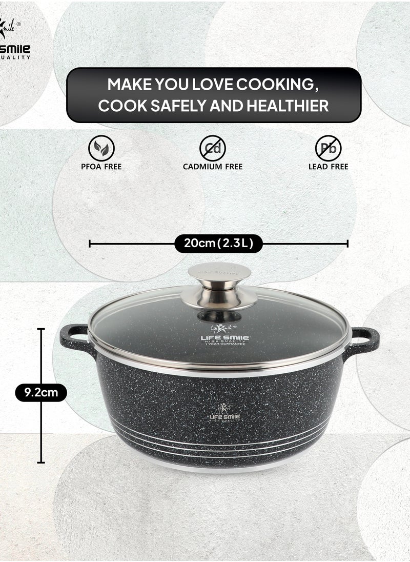 Life Smile - 20cm (2.3 Liter) LIFE SMILE Cooking Pot | aluminum Soup Pot With Glass Lid | 100% PFOA Free, Fixed Handle | Multi Layer Non-Stick Granite Coating | oven safe - Image 1