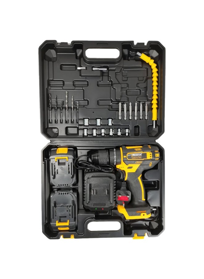 روكسون مثقاب لاسلكي صدمي 21 فولت طراز RX-21VCD مع بطاريتين ليثيوم أيون 21 فولت بسعة 1500 مللي أمبير، ظرف بدون مفتاح مقاس 13 مم، 25+1 مستوى عزم دوران، سرعة متغيرة تصل إلى 1350 دورة في الدقيقة، مصباح LED مدمج، وظيفة الدوران للأمام والخلف، شاحن 220-240 فولت، وحقيبة حمل. - Image 2