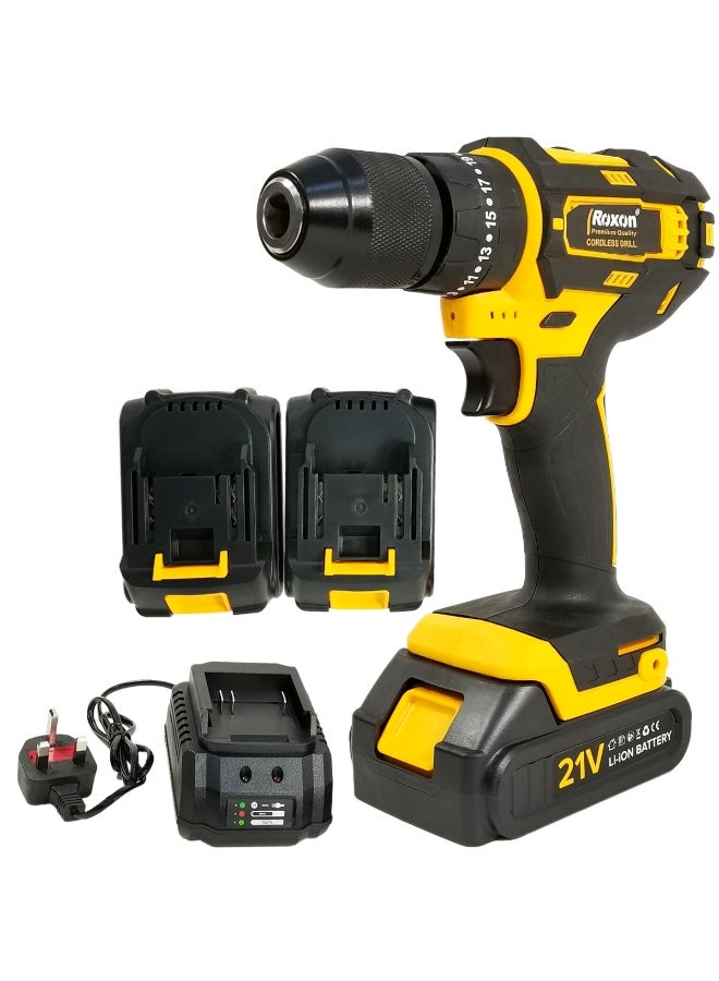 روكسون مثقاب لاسلكي صدمي 21 فولت طراز RX-21VCD مع بطاريتين ليثيوم أيون 21 فولت بسعة 1500 مللي أمبير، ظرف بدون مفتاح مقاس 13 مم، 25+1 مستوى عزم دوران، سرعة متغيرة تصل إلى 1350 دورة في الدقيقة، مصباح LED مدمج، وظيفة الدوران للأمام والخلف، شاحن 220-240 فولت، وحقيبة حمل. - Image 1