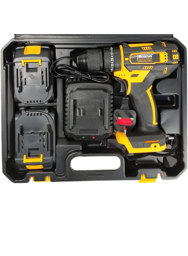 روكسون مثقاب لاسلكي صدمي 21 فولت طراز RX-21VCD مع بطاريتين ليثيوم أيون 21 فولت بسعة 1500 مللي أمبير، ظرف بدون مفتاح مقاس 13 مم، 25+1 مستوى عزم دوران، سرعة متغيرة تصل إلى 1350 دورة في الدقيقة، مصباح LED مدمج، وظيفة الدوران للأمام والخلف، شاحن 220-240 فولت، وحقيبة حمل. - Image 4