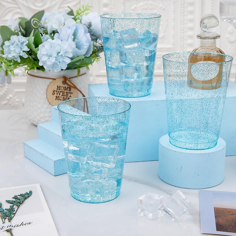 DaYammi 100 Pack 10 oz Blue Plastic Cups Disposable Cups Tumblers  Elegant Blue Glitter Party Drinking Cup Perfect for Wedding  Fancy Disposable Cups Plastic Cocktail Glasses Wine Glasses for Easter - Image 1