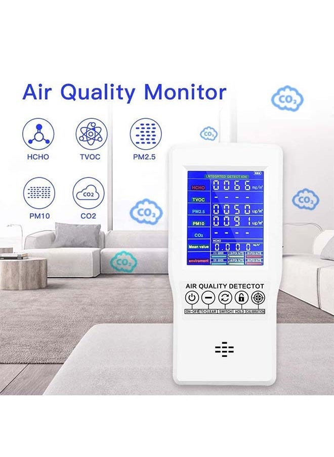 Air Quality Monitor Accurate Tester for CO2 Formaldehyde(HCHO) TVOC PM2.5/PM10 Multifunctional Air Gas Detector Real Time Data&Mean Value Recording for Home Office and Various Occasion(White)