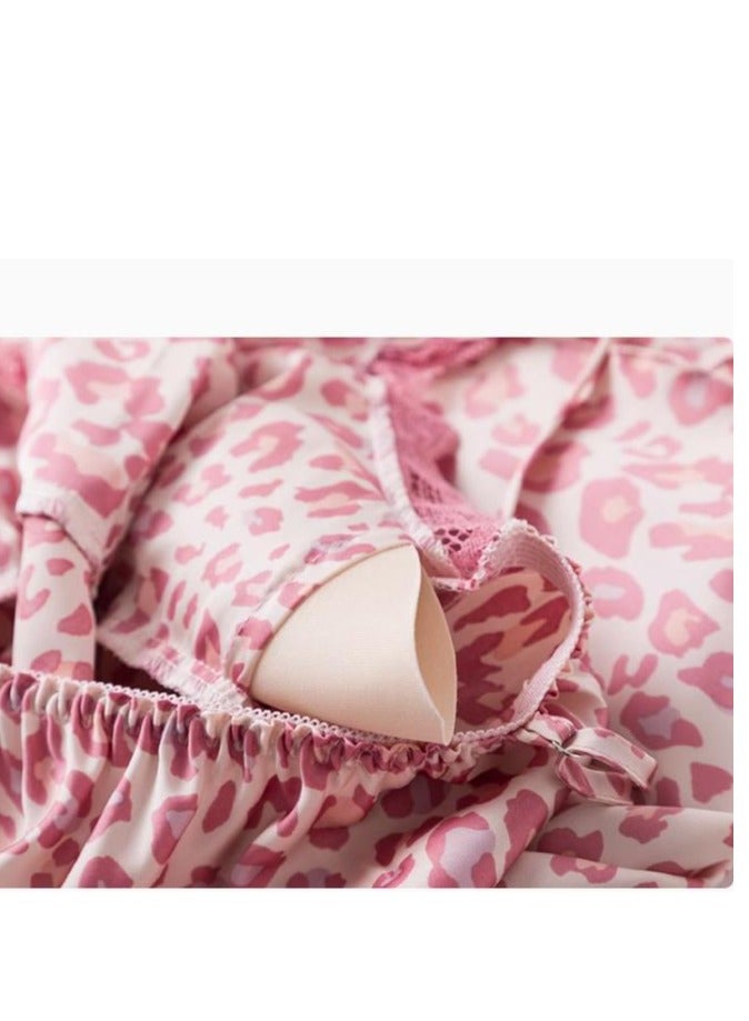 Pajama Women's Ice Silk Five Piece Set With High-End Feel And Chest Cushion Silk Home Suit Set - Image 3