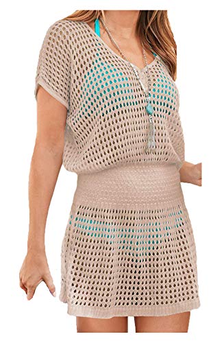 Wander Agio Beach Tops Sexy Knit Cover Dresses Bikini Cover-ups Nets Short Skirt Dark Beige - Image 5
