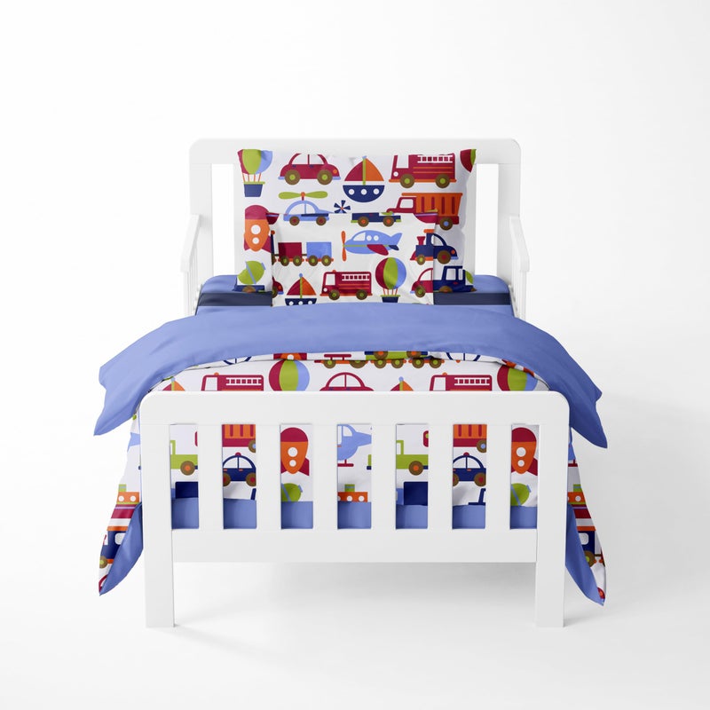 Bacati Bacati Transportation Blue 4 Piece Boys Toddler Bedding Set 100 Percent Cotton Includes Reversible Comforter Fitted Sheet Top Sheet and Pillow Case for Boys