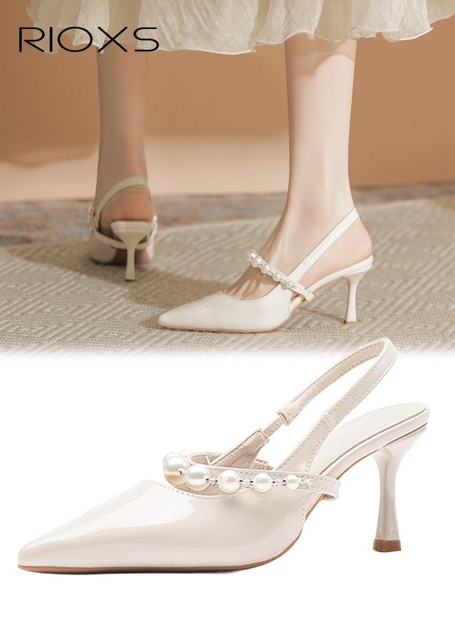 RIOXS Women's Slingback Pumps, Stylish Stiletto Heels for Women, Closed Pointed Toe High Heels, Ladies Strappy Pearl Elegant Dressy Shoes, Fashional Heeled Shoes for Wedding, Bride Pearl Shoes, Party Pumps Shoes, Heels Shoes for Work Casual Outings and Dances, 7cm Heel Beige Pumps - Image 1