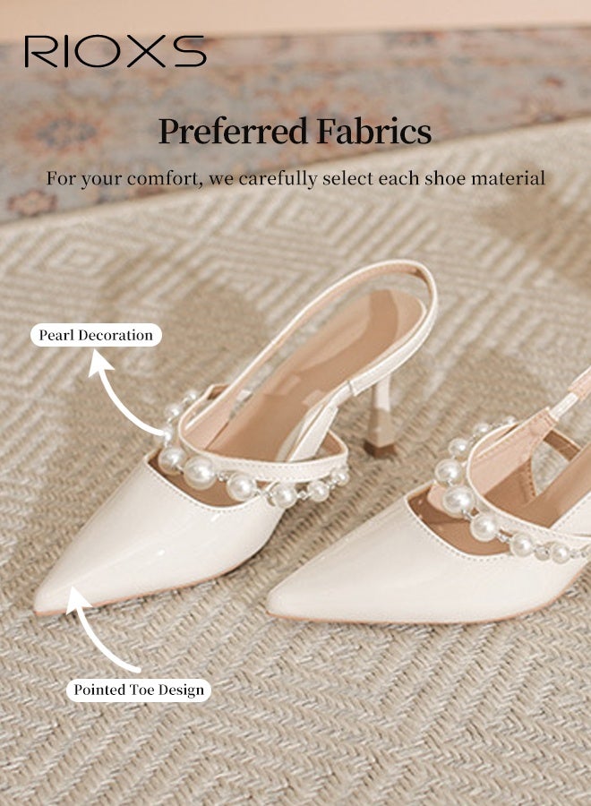 RIOXS Women's Slingback Pumps, Stylish Stiletto Heels for Women, Closed Pointed Toe High Heels, Ladies Strappy Pearl Elegant Dressy Shoes, Fashional Heeled Shoes for Wedding, Bride Pearl Shoes, Party Pumps Shoes, Heels Shoes for Work Casual Outings and Dances, 7cm Heel Beige Pumps - Image 2