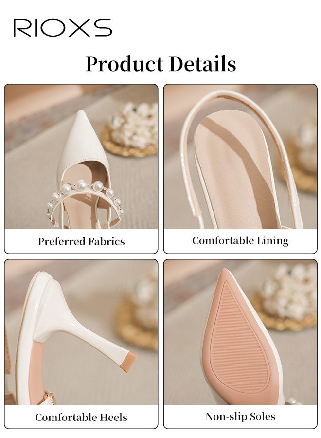 RIOXS Women's Slingback Pumps, Stylish Stiletto Heels for Women, Closed Pointed Toe High Heels, Ladies Strappy Pearl Elegant Dressy Shoes, Fashional Heeled Shoes for Wedding, Bride Pearl Shoes, Party Pumps Shoes, Heels Shoes for Work Casual Outings and Dances, 7cm Heel Beige Pumps - Image 4
