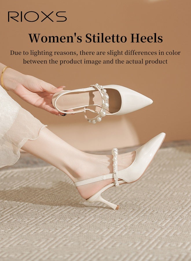 RIOXS Women's Slingback Pumps, Stylish Stiletto Heels for Women, Closed Pointed Toe High Heels, Ladies Strappy Pearl Elegant Dressy Shoes, Fashional Heeled Shoes for Wedding, Bride Pearl Shoes, Party Pumps Shoes, Heels Shoes for Work Casual Outings and Dances, 7cm Heel Beige Pumps - Image 3
