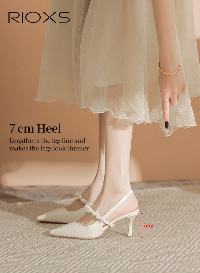 RIOXS Women's Slingback Pumps, Stylish Stiletto Heels for Women, Closed Pointed Toe High Heels, Ladies Strappy Pearl Elegant Dressy Shoes, Fashional Heeled Shoes for Wedding, Bride Pearl Shoes, Party Pumps Shoes, Heels Shoes for Work Casual Outings and Dances, 7cm Heel Beige Pumps - Image 5