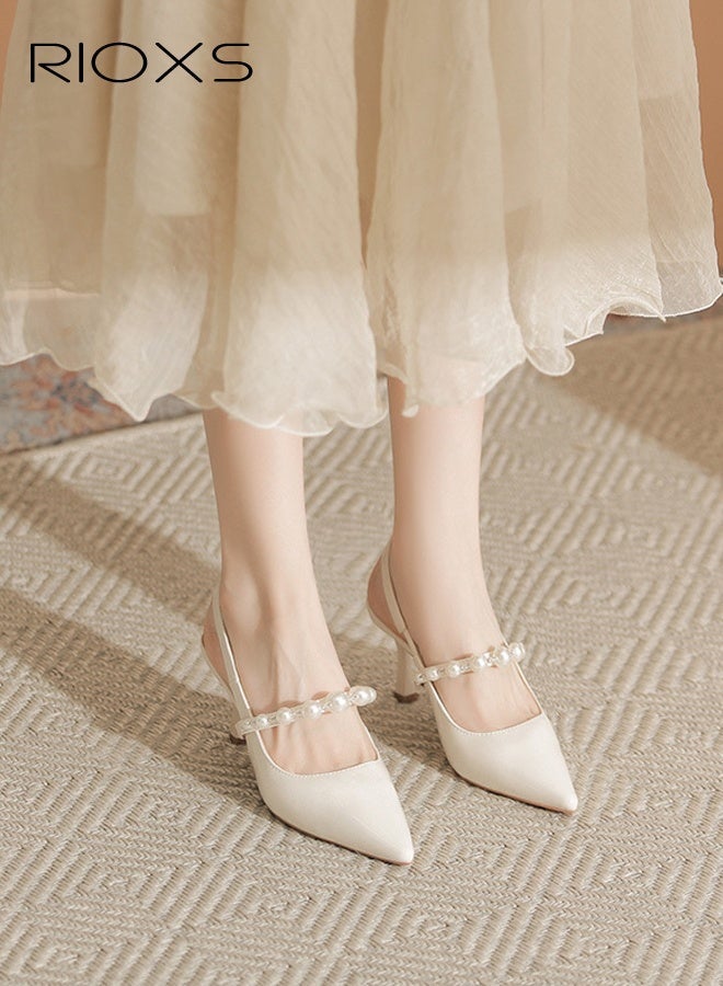 RIOXS Women's Slingback Pumps, 7cm High Heels Slingback Shoes, Stylish Stiletto Heels for Women, Closed Pointed Toe High Heels, Ladies Strappy Pearl Elegant Dressy Shoes, Fashional Heeled Shoes for Wedding, Bride Pearl Shoes, Party Pumps Shoes, Heels Shoes for Work Casual Outings, Woman Comfort Footwear, Classic Beige Heeled Dressy Shoes Sandals - Image 2
