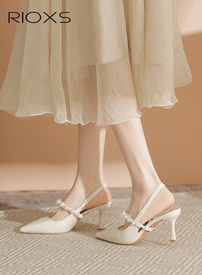 RIOXS Women's Slingback Pumps, 7cm High Heels Slingback Shoes, Stylish Stiletto Heels for Women, Closed Pointed Toe High Heels, Ladies Strappy Pearl Elegant Dressy Shoes, Fashional Heeled Shoes for Wedding, Bride Pearl Shoes, Party Pumps Shoes, Heels Shoes for Work Casual Outings, Woman Comfort Footwear, Classic Beige Heeled Dressy Shoes Sandals - Image 3