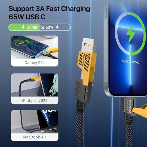 DR VAKU® 4-in-1 Multi Function Fast Charging Cable 65W Braided Durable Data Transfer Dual Type-C & USB-A Connectors Compatible with iPhone, Samsung, OnePlus, Tablets & All USB Devices (1 Meter) - Image 4