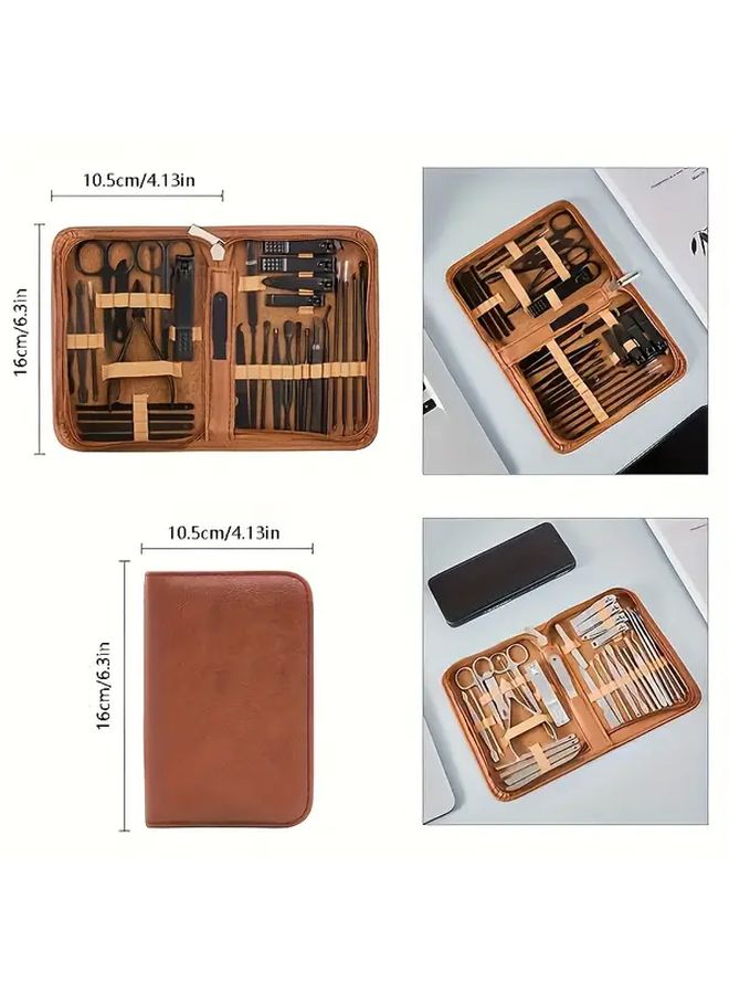 Brown Stainless Steel Nail Clipper Set 32 Pcs Manicure Tools With Nail Scissors - Image 4