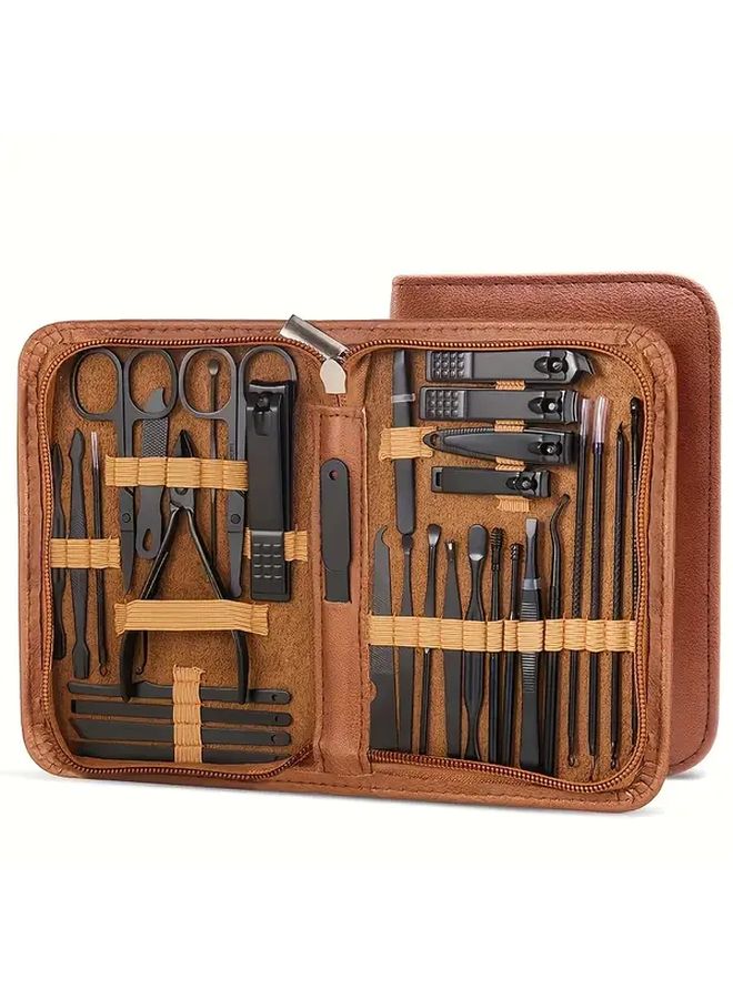 Brown Stainless Steel Nail Clipper Set 32 Pcs Manicure Tools With Nail Scissors - Image 1