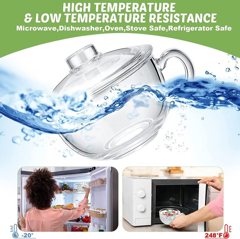 PrimeWorld وعاء زجاجي شفاف قطعة واحدة مع غطاء ومقبض - وعاء شوربة آمن للاستخدام في الميكروويف، وعاء خلط للنودلز، الحبوب، الفواكه - 300 مل - Image 4