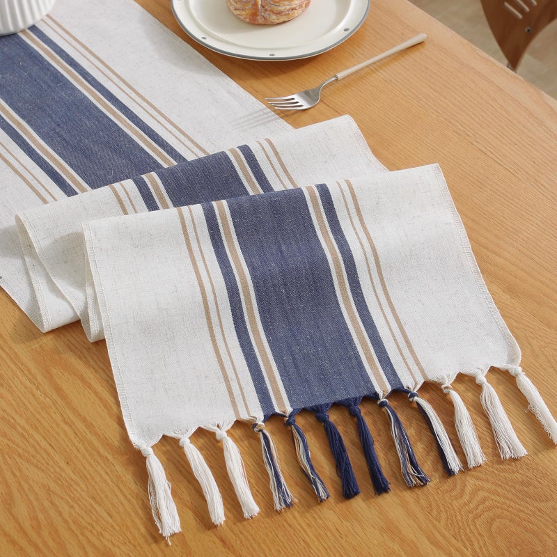 Niviy Blue Table Runner 72 Inches Long with Tassels, Summer Blue Decor Washable Embroidered Striped Braided Boho Table Runners for Wedding Bridal Baby Shower Decoration 12 x 72 Inches - Image 1