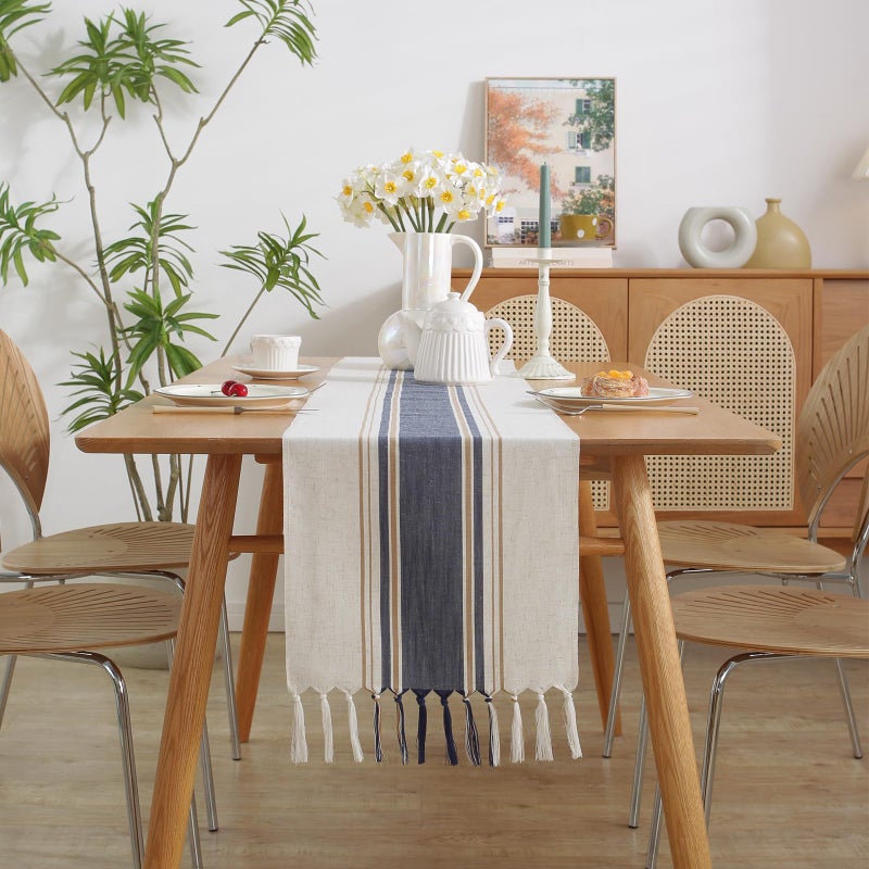 Niviy Blue Table Runner 72 Inches Long with Tassels, Summer Blue Decor Washable Embroidered Striped Braided Boho Table Runners for Wedding Bridal Baby Shower Decoration 12 x 72 Inches - Image 2