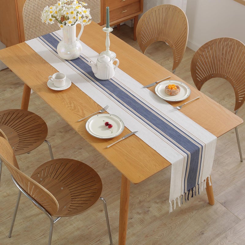 Niviy Blue Table Runner 72 Inches Long with Tassels, Summer Blue Decor Washable Embroidered Striped Braided Boho Table Runners for Wedding Bridal Baby Shower Decoration 12 x 72 Inches - Image 5
