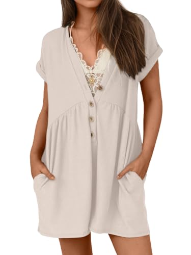 Glamaker Women's Summer Short Sleeve Romper Casual V Neck Wide Leg Short Jumpsuit Button Up One Piece Beach Rompers Outfits(Apricot M) - Image 1