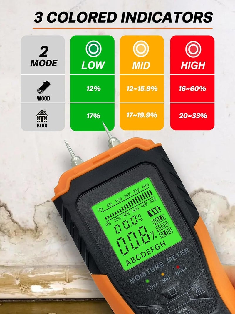 Mecurate Digital Pin Type Wood Moisture Meter with 3 Colored Indicators, Moisture Detector 2 Mode 8 Calibration Large Backlit for Wood, Wall, Firewall (Orange) - Image 4