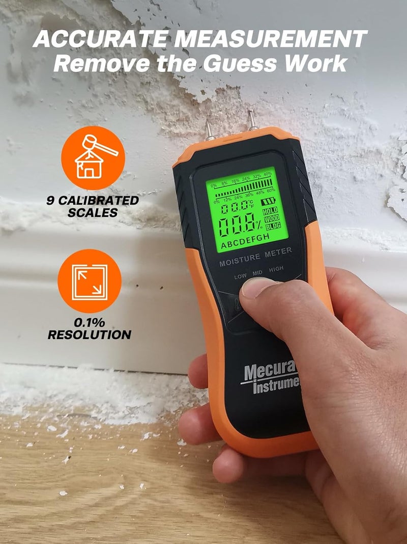 Mecurate Digital Pin Type Wood Moisture Meter with 3 Colored Indicators, Moisture Detector 2 Mode 8 Calibration Large Backlit for Wood, Wall, Firewall (Orange) - Image 2