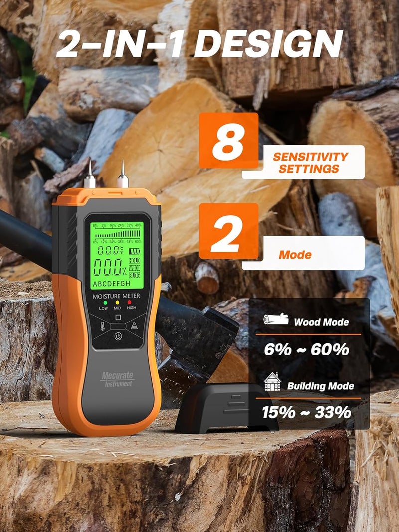 Mecurate Digital Pin Type Wood Moisture Meter with 3 Colored Indicators, Moisture Detector 2 Mode 8 Calibration Large Backlit for Wood, Wall, Firewall (Orange) - Image 3