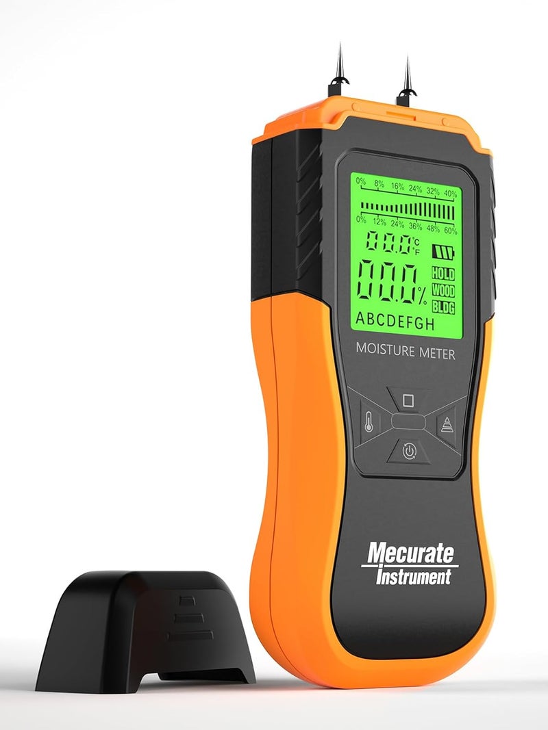 Mecurate Digital Pin Type Wood Moisture Meter with 3 Colored Indicators, Moisture Detector 2 Mode 8 Calibration Large Backlit for Wood, Wall, Firewall (Orange) - Image 1