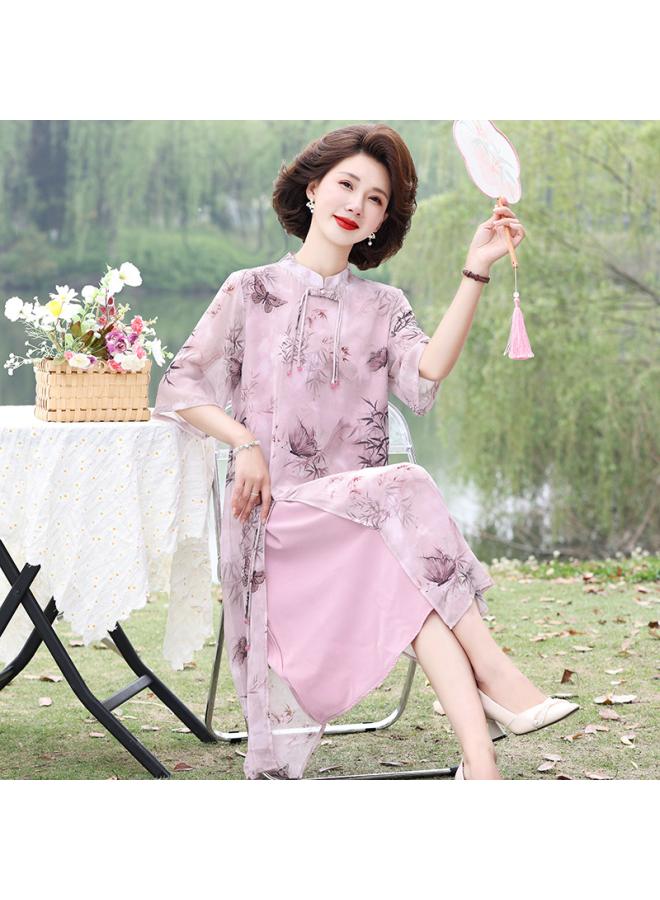 New Mother Dress Western Style Chinese Style Skirt Middle-aged Women's Fake Two-piece Middle-aged And Elderly Summer Printed National Style Dress